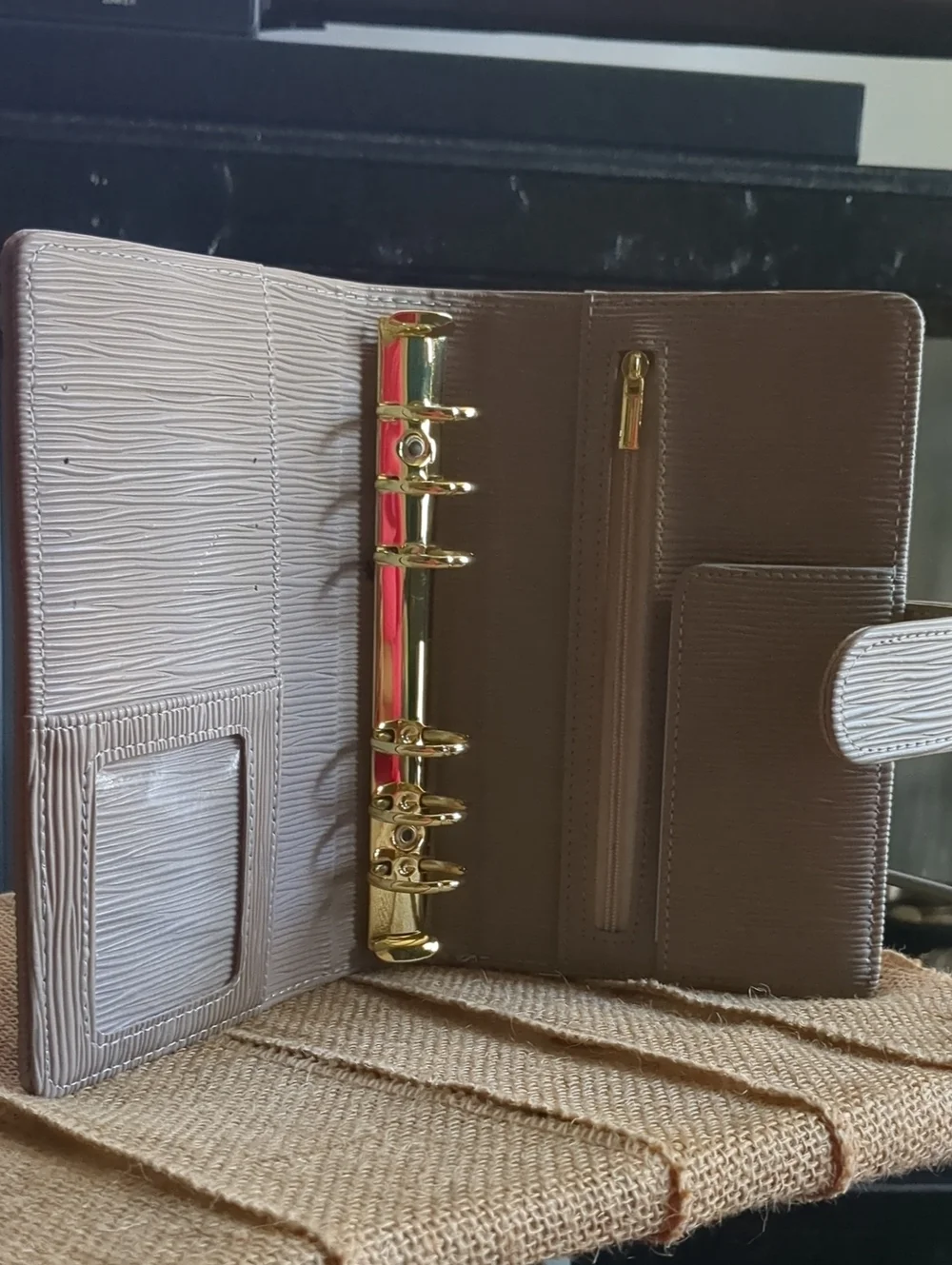 A6 Saffiano Binder In Taupe with Gold Hardware.